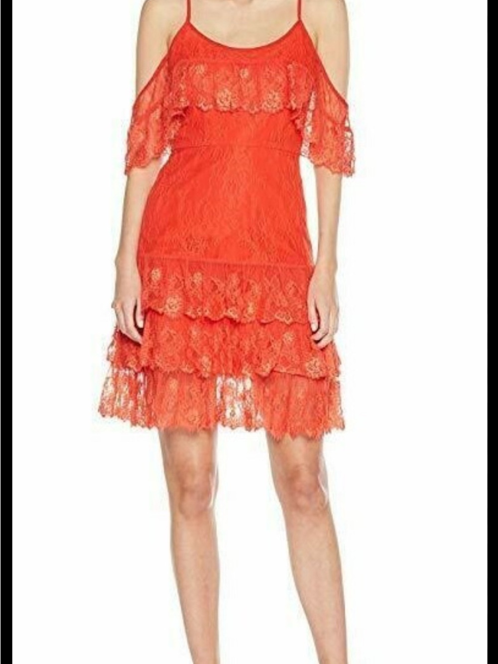 Monique Lhuillier Red Cold Off Shoulder Ruffle Lace Tiered Dress Size 14